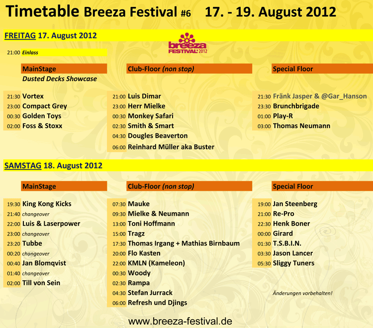 Breeza Festival 2012 Timetable